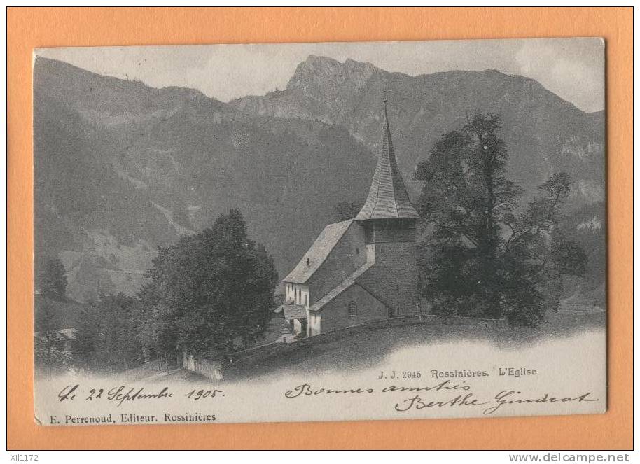 D872 Rossinière L'Eglise. Pays D'en Haut. Cachet 1905 Rossinières Et Tramelan Dessus - Rossinière