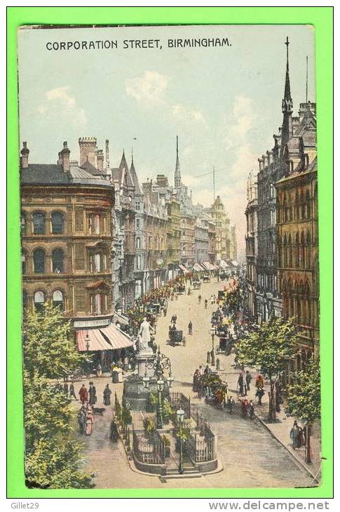 BIRMINGHAM, ENGLAND - CORPORATION STREET - ANIMATED - CARD TRAVEL IN 1907 - 3/4 BACK - ROLAND BLISS - - Birmingham