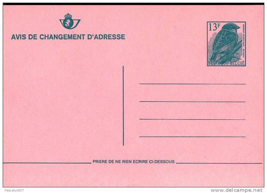 AP - Entier Postal - Carte Postale Avis De Changement D'adresse N°29 III F - Oiseaux Indigènes - 13,00 Fr Cyan - Moineau - Avis Changement Adresse