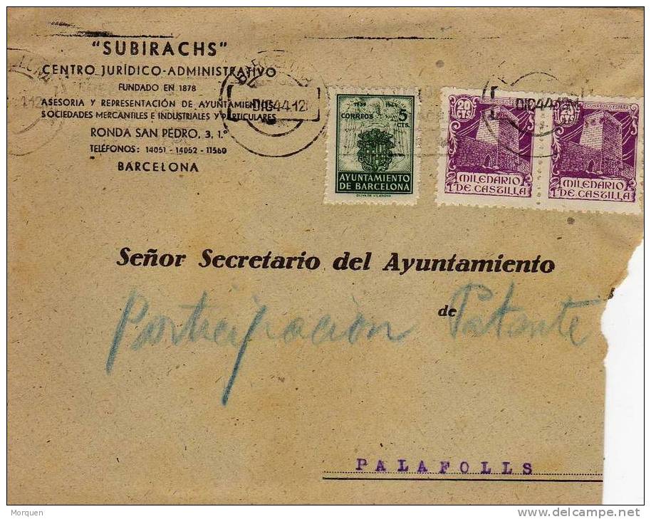 Carta Barcelona 1944. Sello Recargo Exposición - Barcelona
