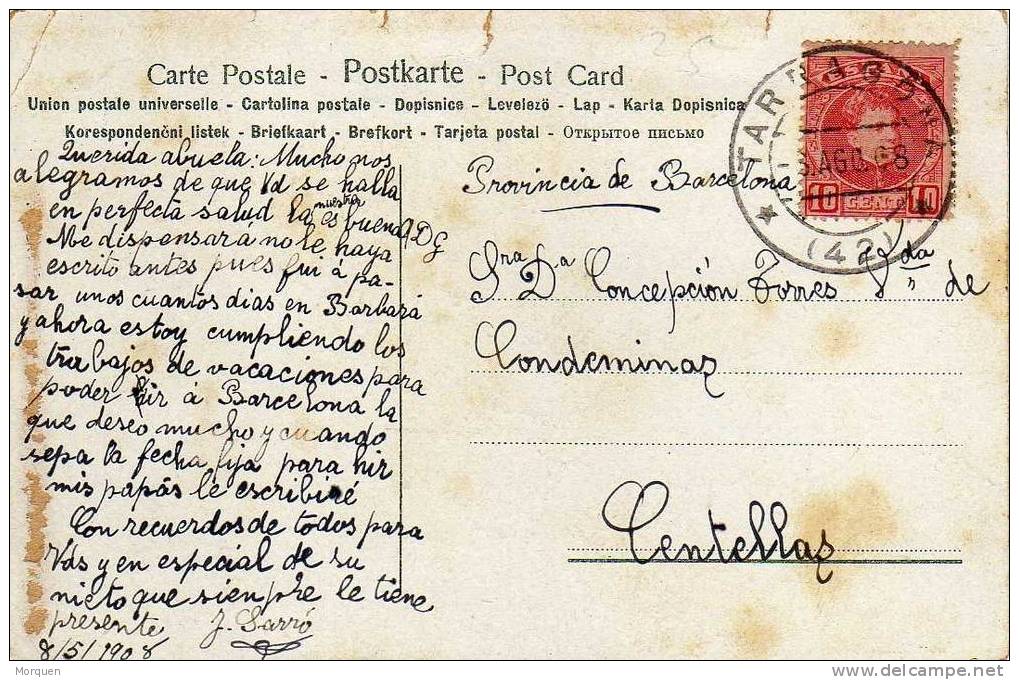 6600. Postal Tarragona 1908. Alfonso XIII Cadete - Briefe U. Dokumente