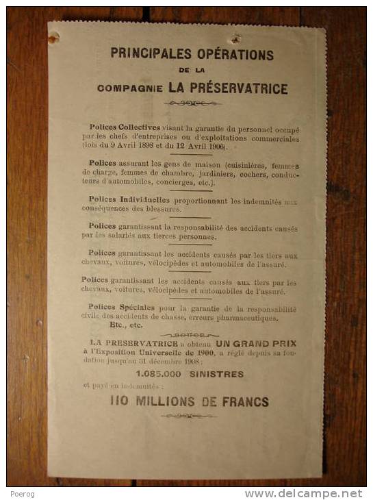 QUITTANCE D' ASSURANCES De LA PRESERVATRICE - THIERS PUY DE DOME Du 1er JUILLET 1909 - Assurance - Banque & Assurance