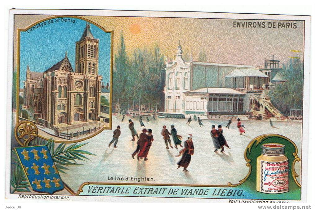 Chromo Liebig - Les Environs De Paris - Abbaye St Denis - Patineurs Sur Glace Sur Lac D´enghien - Beau Graphisme - Liebig