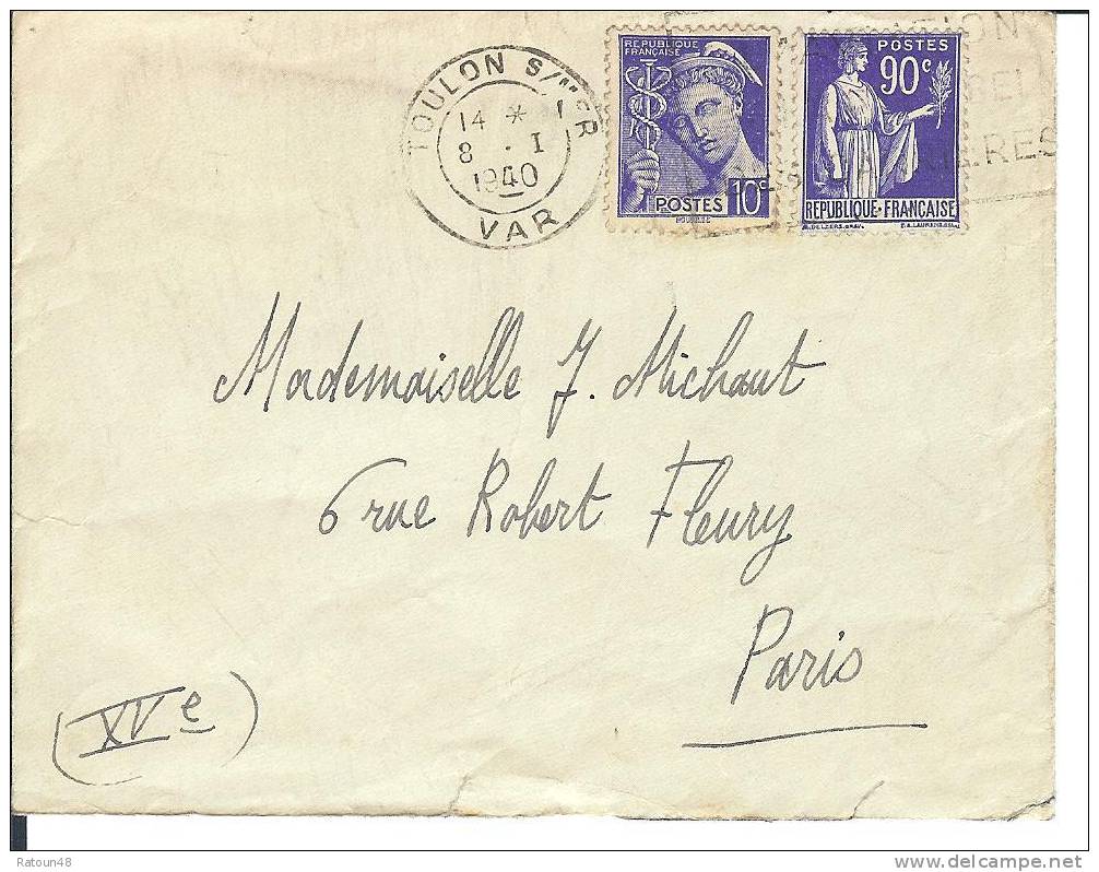 Lettre De 1940  Timbre Mercure Et Paix - 1938-42 Mercurio
