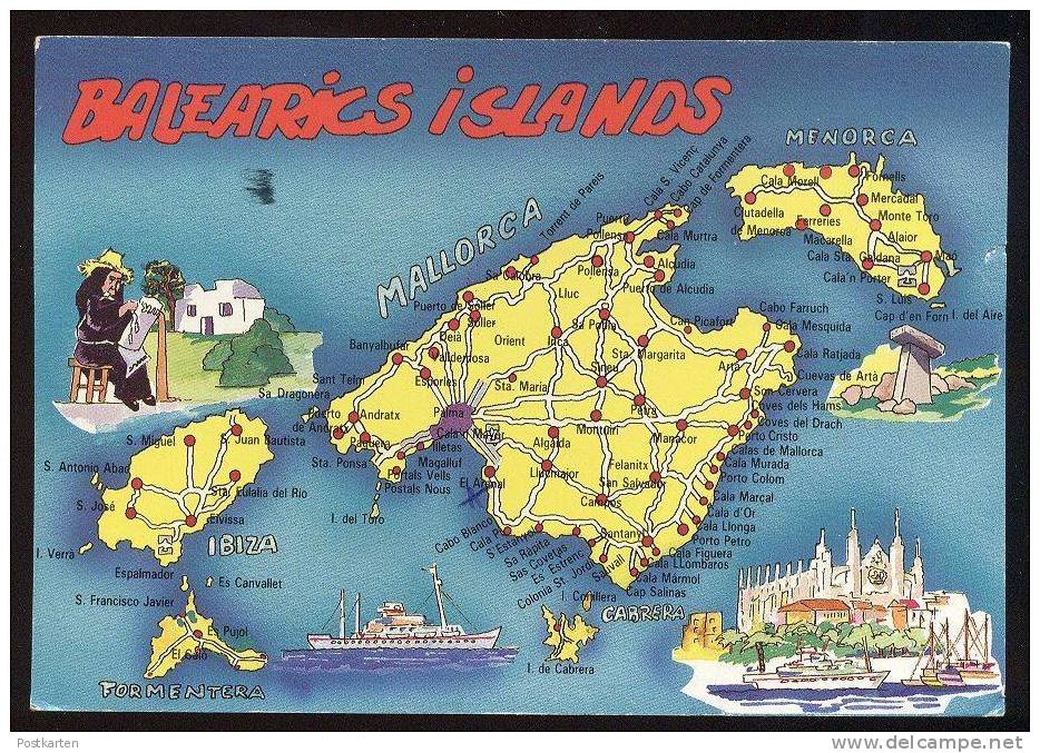 POSTKARTE ISLA DE MALLORCA MAP Landkarte Carte Géographique Ibiza Menorca Formentera Balearic Islands Islas Baleares Cpa - Cartes Géographiques