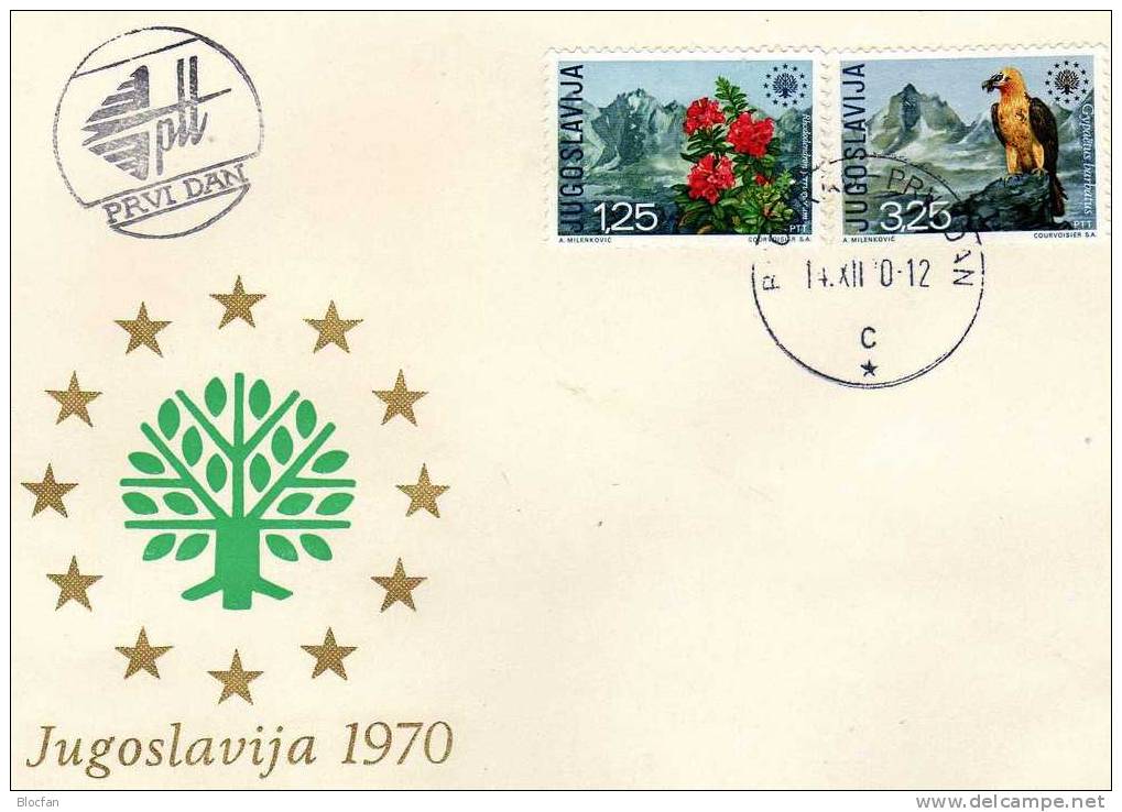 Europäisches Naturschutz - Jahr 1970 Alpenrose / Bartgeier Jugoslawien 1406/7 + FDC 33€ - Brieven En Documenten