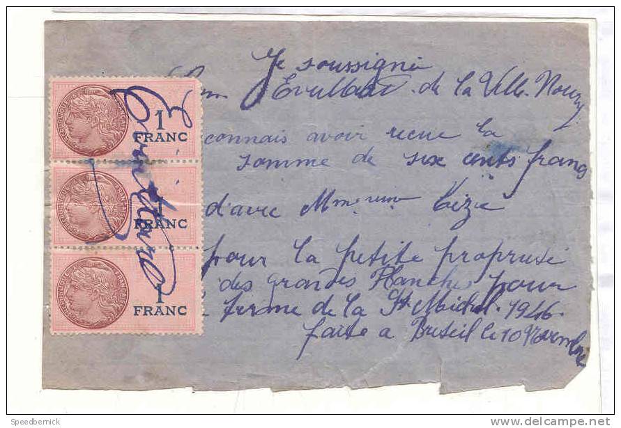 13622 Recu Loyer De La Propriété Grandes Planches, 1946, Breteil (ille Et Vilaine) Ville Noury . Timbre Fiscal 1 F. 1946 - Agriculture