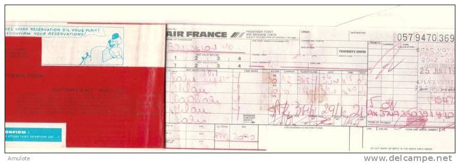Billet D´ Avion AIR FRANCE Passenger Ticket PARIS -cagliari- MILAN Et Retour 25 Juin1979 - Europa