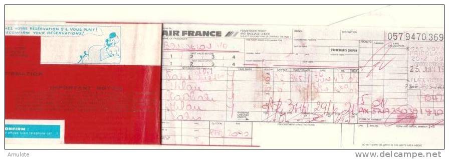 Billet D´ Avion AIR FRANCE Passenger Ticket PARIS -cagliari- MILAN Et Retour 25 Juin1979 - Europe