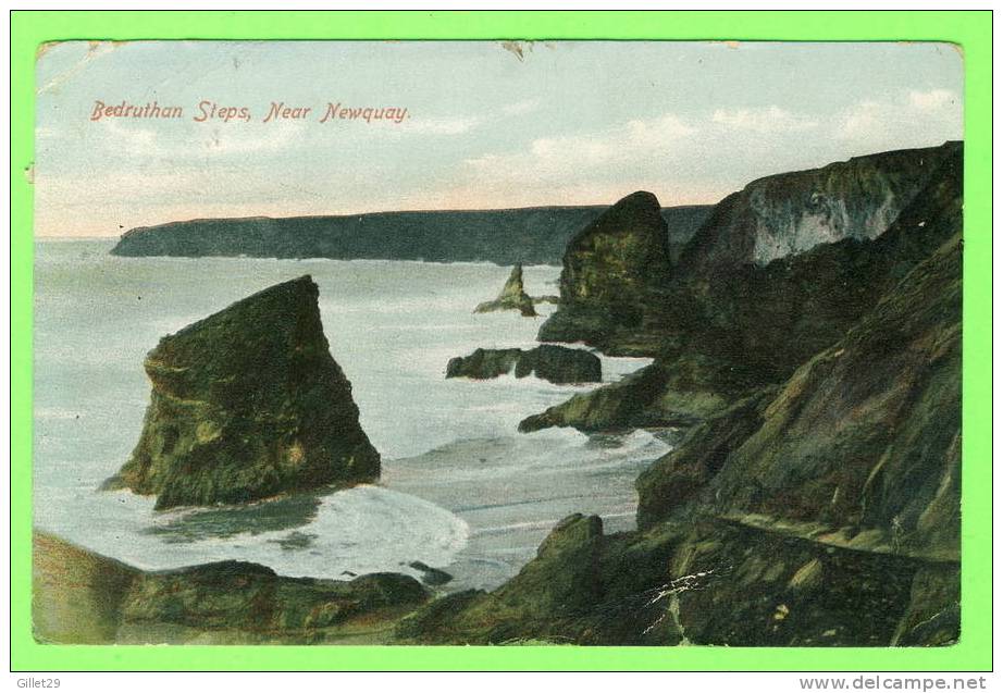 NEWQUAY, CORNWALL - BEDRUTHAN STEPS - 3/4 BACK - CARD TRAVEL IN 1908 - - Newquay