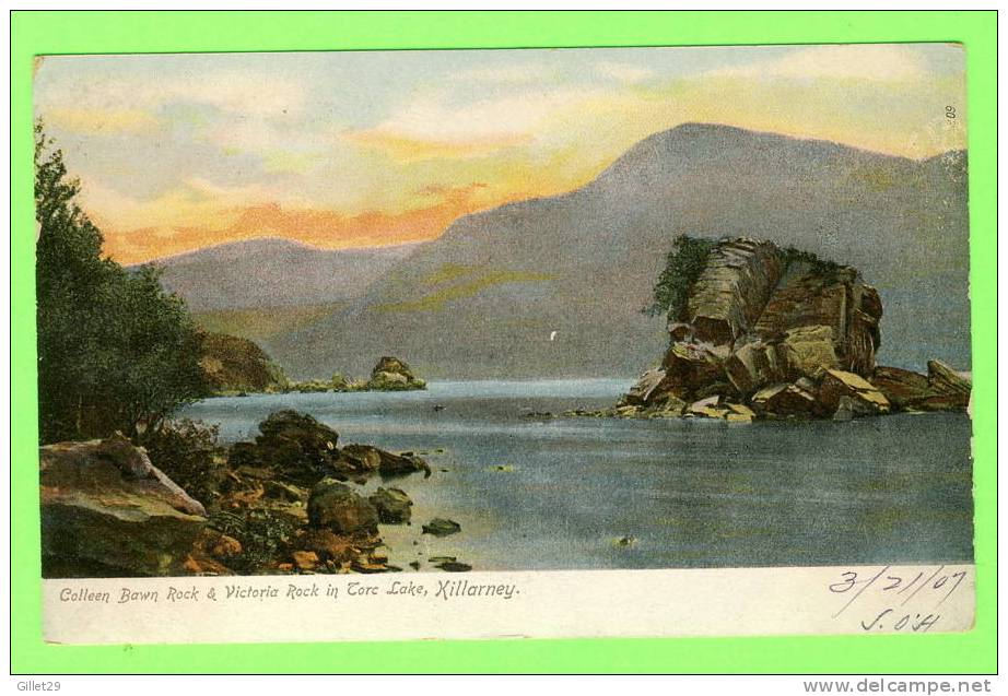 KILLARNEY, IRELAND - COLLEEN BAWN ROCK & VICTORIA ROCK IN CORC LAKE - CARD TRAVEL IN 1907 - - Kerry