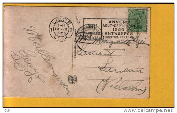 137 Op Kaart Met Mekanische Vlagstempel OLYMPIADE 1920 ANVERS Van BRUXELLES (Q.L.) Met Als Aankomst Noodstempel LIERNEUX - Summer 1920: Antwerp