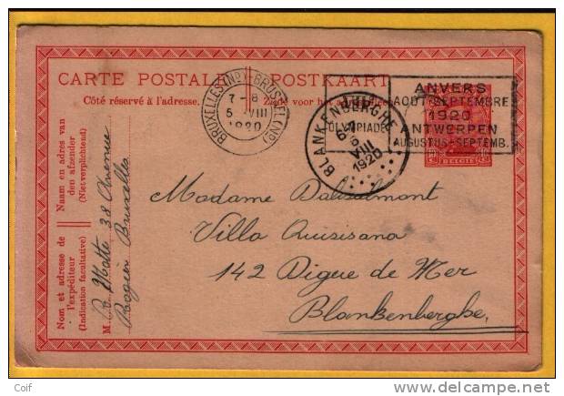 Entier Met Mekanische Vlagstempel OLYMPIADE 1920 ANVERS Van BRUXELLES (Nd) Naar BLANKENBERGHE - Summer 1920: Antwerp