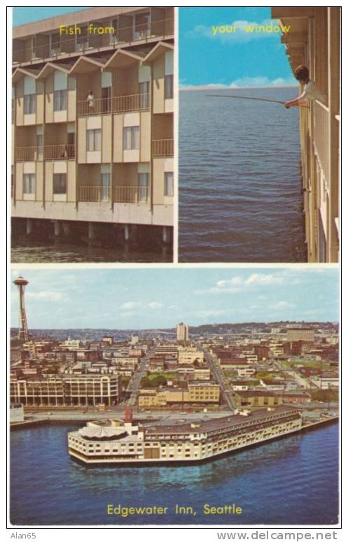 Edgewater Inn Seattle WA Lodging Chrome 1960s Vintage Postcard, 'Fish From Your Window', The Beatles Stayed Here - Seattle