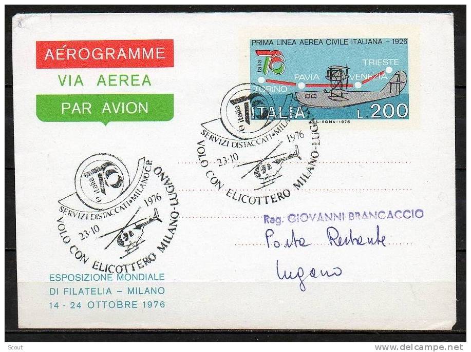 ITALIA - ITALIE - ITALY - 23/10/1976 - MILANO - VOLO CON ELICOTTERO MILANO-LUGANO - ANNULLO - Hélicoptères