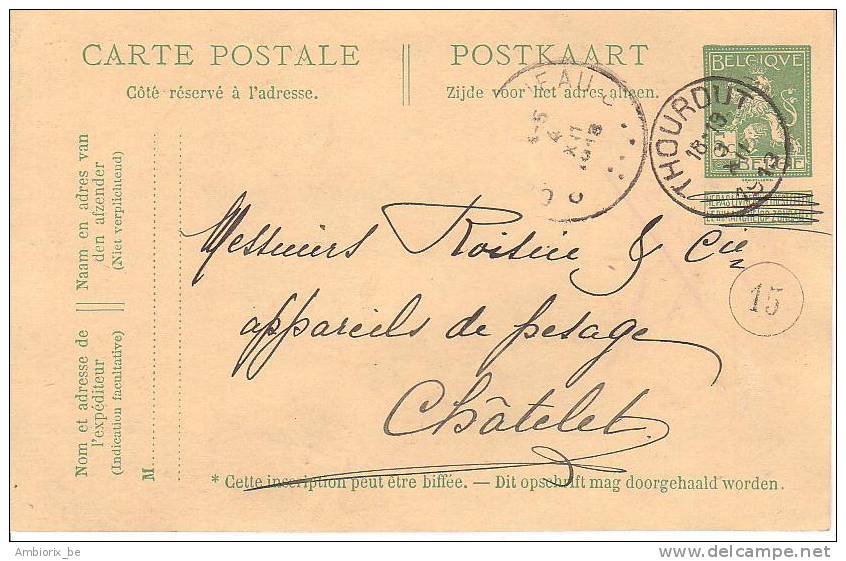 Entier Postal 44 Obl Thourout - Briefkaarten 1909-1934