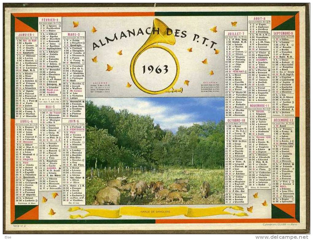 CALENDRIER ORIGINAL ANNEE 1963   -  HARDE DE SANGLIERS  -   DEPARTEMENT DE LA SEINE  -  PARIS - Grand Format : 1961-70