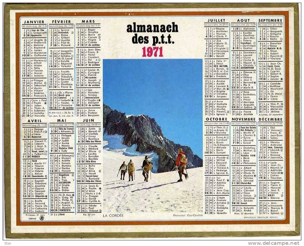 CALENDRIER ORIGINAL ANNEE 1971 -  ALPINISME  LA CORDEE  -   DEPARTEMENT 92 - Big : 1971-80