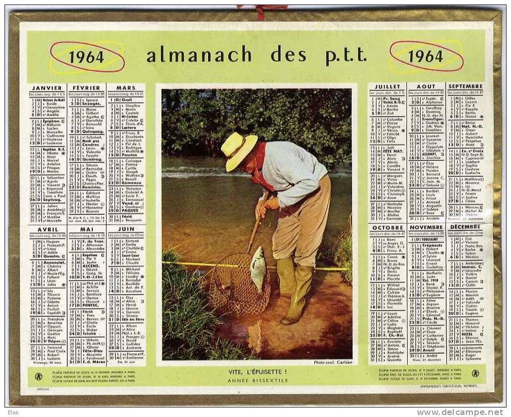 CALENDRIER ORIGINAL ANNEE 1964   -  PECHE  VIVE L EPUISETTE   -   DEPARTEMENT 33 - Grossformat : 1961-70