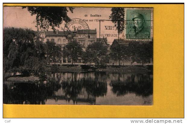 167 Op Kaart "Ixelles" Met Mekanische Vlagstempel OLYMPIADE 1920 ANVERS Van BRUXELLES (MIDI) - 1919-1920 Roi Casqué