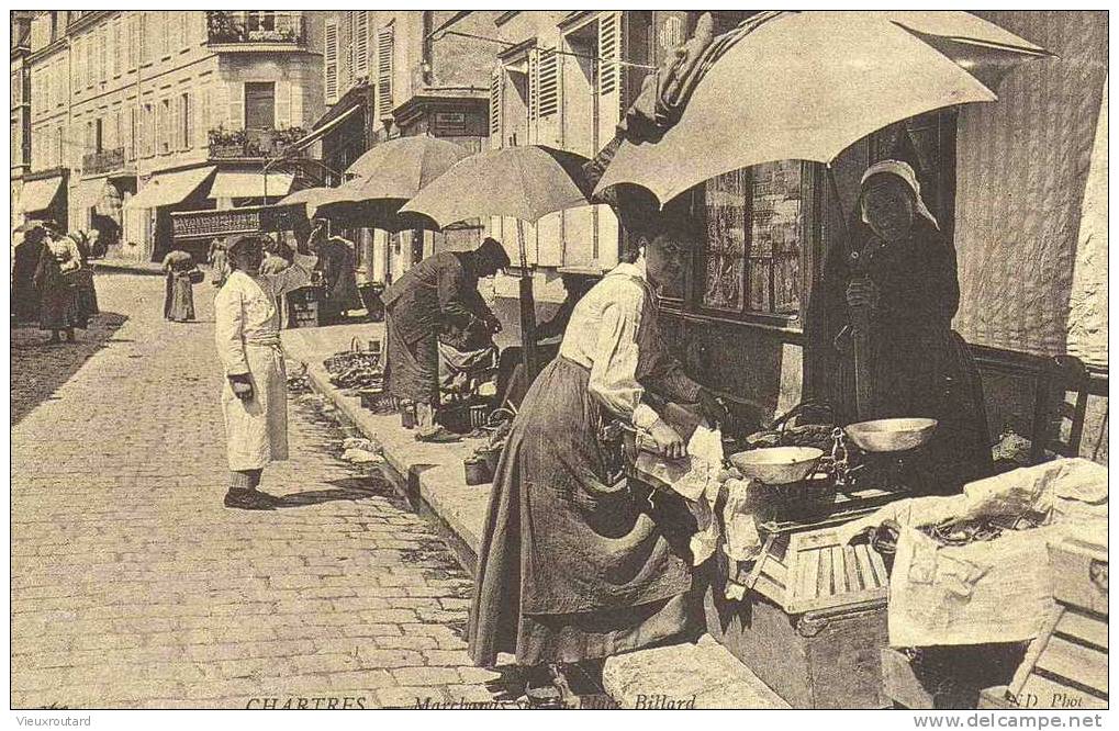 CPA. REPRO.  MARCHANDS SUR LA PLACE BILLARD. CHARTRES. - Mercaderes