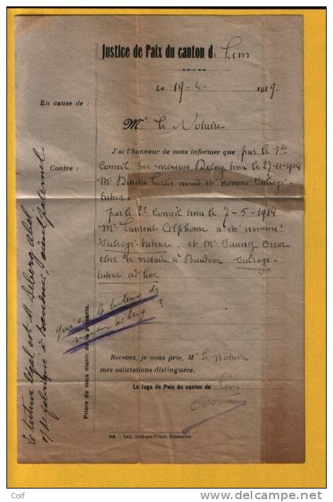 Dokument "Justice De Paix Du Canton D' LENS" Met Kiesbureelstempel LENS (stempel Met Strookjes Cirkel)!!!! - Foruna (1919)