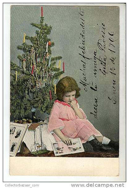 VINTAGE Ca1900 PHOTO POSTCARD AK CPA CHILDREN NEXT TO CHRISTMAS TREE - Otros & Sin Clasificación