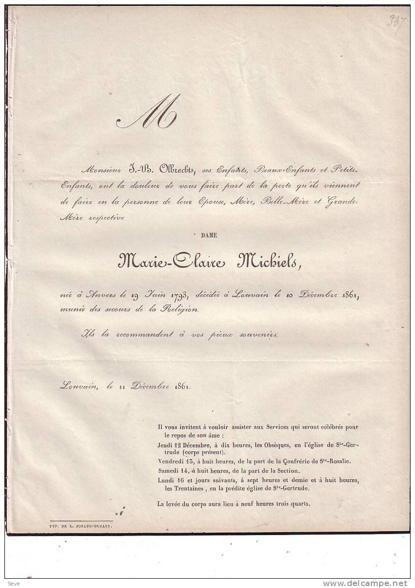 LOUVAIN Marie-Claire MICHIELS épouse J-B OLBRECHTS 1793-1861 Faire-part Mortuaire - Obituary Notices