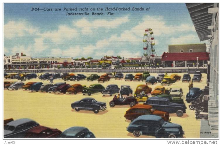 Jacksonville Beach FL Amusement Park On Curteich Linen Postcard, Motorcycle And Dune Buggy - Jacksonville
