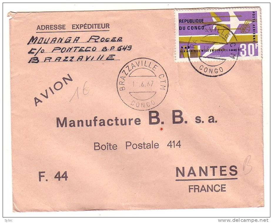 CONGO - Lettre Brazzaville Vers Nantes 13/06/1967 - Gebraucht