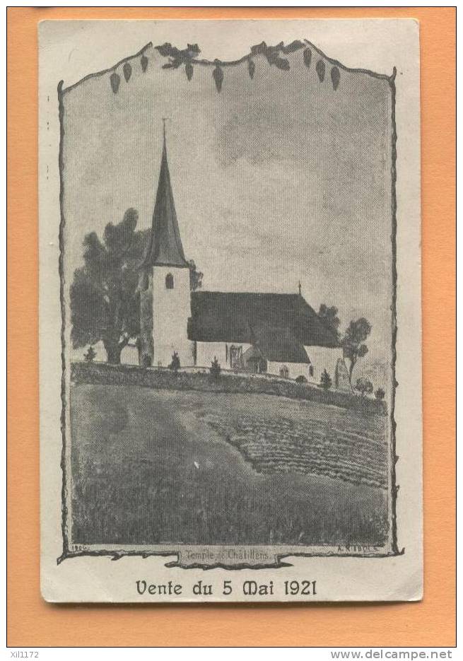 D953 Temple De Châtillens. Dessin De A. Rieben. Vente Du 5 Mai 1921. Cachet Oron-la-Ville 1921 Vers Lausanne. - Châtillens