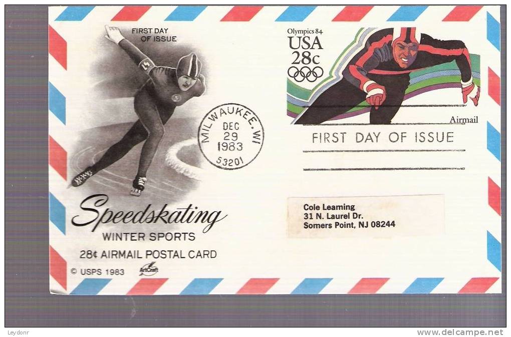 FDC Postal Card - Air Mail Olympics '84 - Speedskater  - Scott # UXC21 - 1981-1990