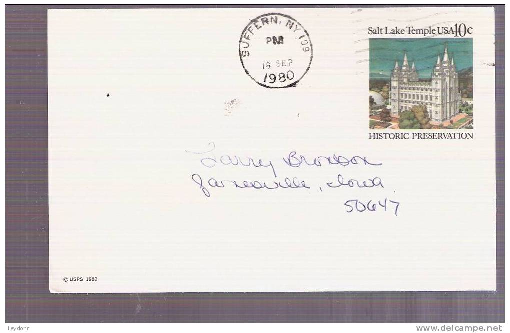 Postal Card - Salt Lake Temple, Salt Lake City, Utah, Historic Preservation - Scott # UX83 - 1961-80