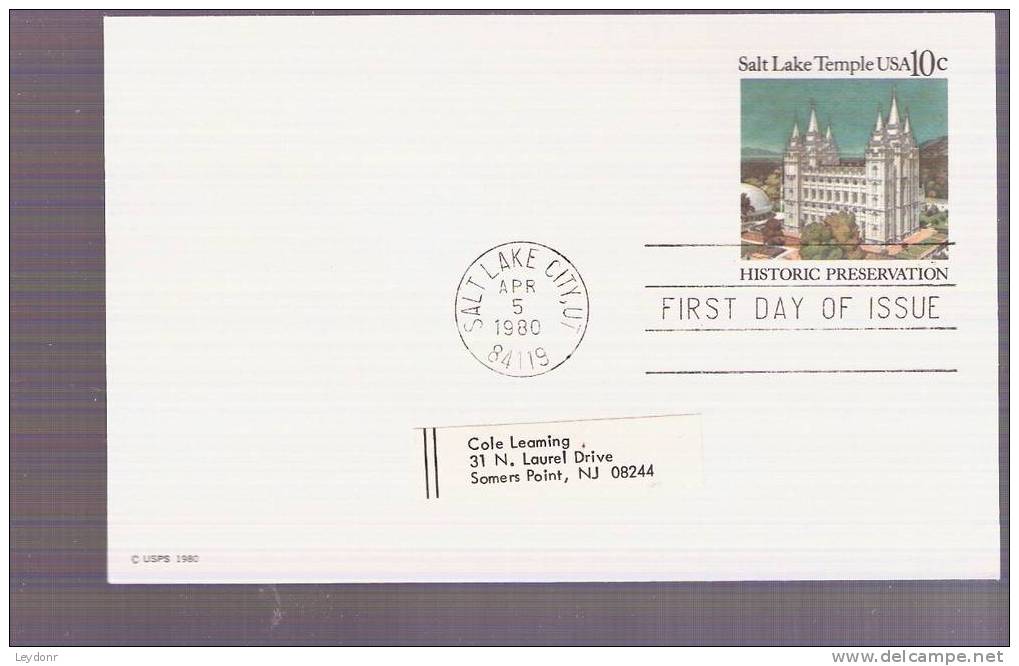 FDC Postal Card - Salt Lake Temple, Salt Lake City, Utah, Historic Preservation - Scott # UX83 - 1971-1980