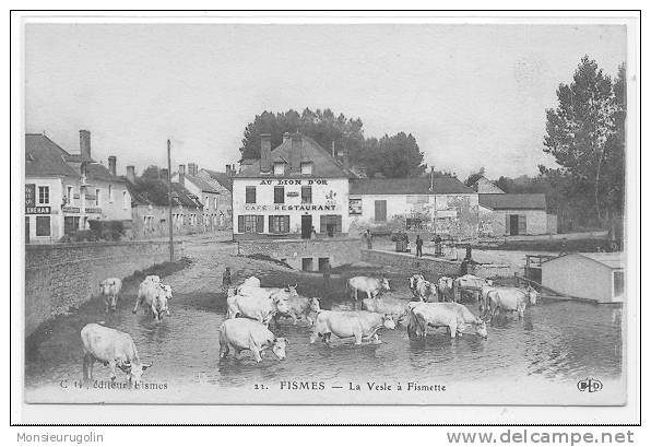 51 )) FISMES, La Vesle à Fismette, Café Restaurant Au Lion D'or, CG Edit, Troupeau De Boeufs à L'abreuvoir - Fismes