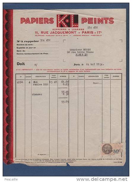 FACTURE 1934 - PAPIERS PEINTS K.L KEPPENNE & LEGRAND RUE JACQUEMONT PARIS 17e - Drogerie & Parfümerie