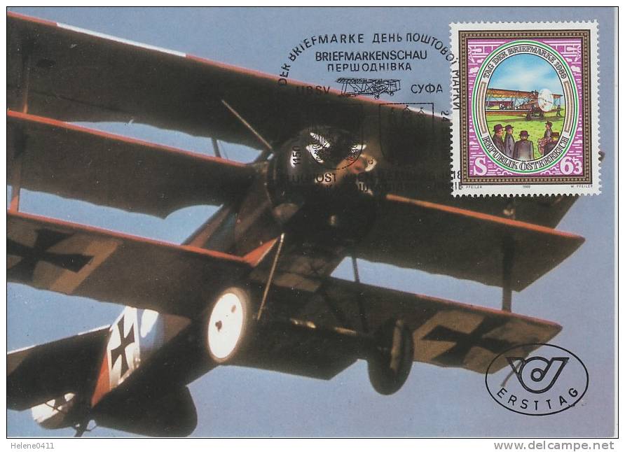 CARTE MAXIMUM D´AUTRICHE - JDT 1989 : AVION POSTAL "HANSA-BRANDENBURG C1" AU DECOLLAGE (20-3-1918) - Journée Du Timbre