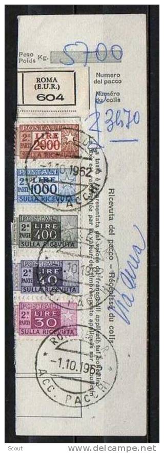 ITALIA  - ITALY - ITALIE - 01/10/1962 - RICEVUTA PER PACCHI - LIRE 2.000-1.000-400-40-30 (°) - Paketmarken