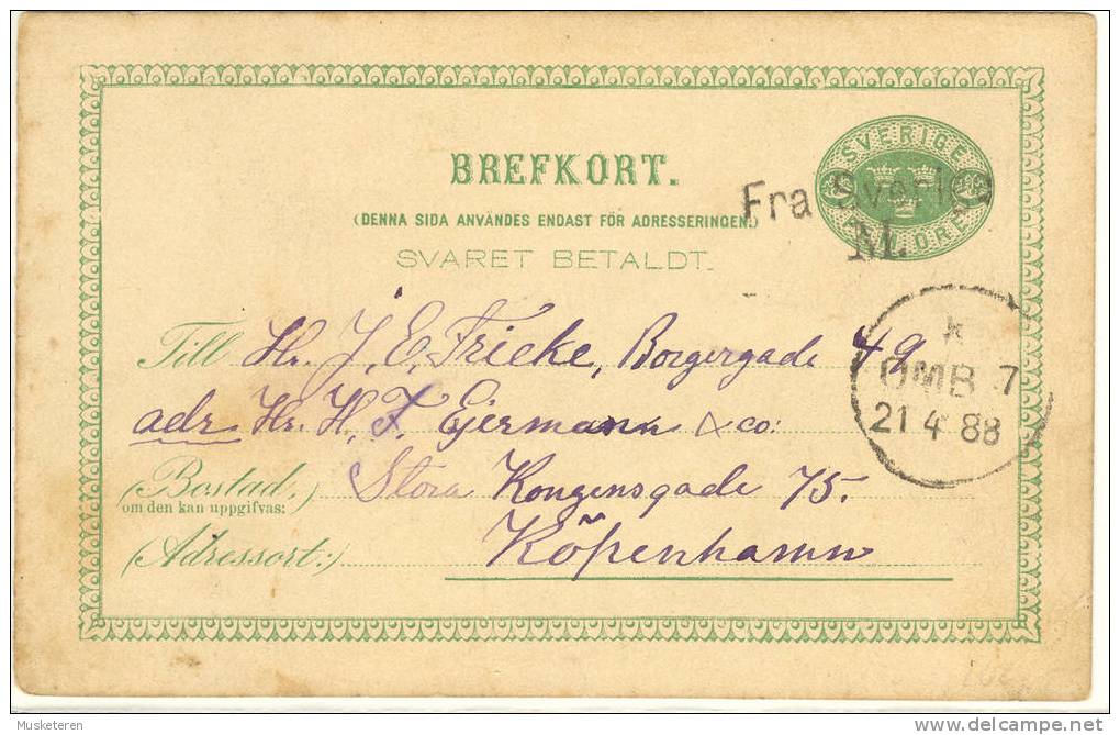 Sweden Postal Stationery Ganzsache Ship Mail Schiffspost 1888 To Denmark Line Cancel Fra Sverige M From Sweden M - Entiers Postaux
