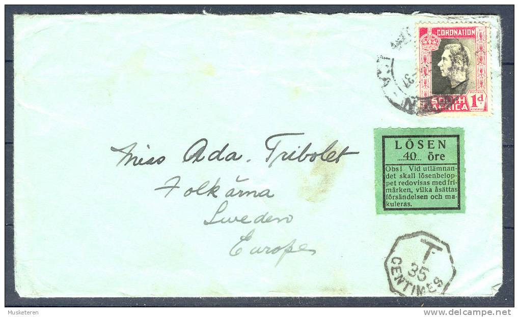 South Africa King George 1 D. Coronation 1937 Cover To Sweden TAXE T-Cancelled Postage Due In Sweden - Covers & Documents