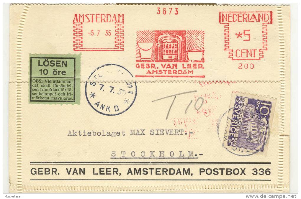 Netherlands Underfranked GEBR. VAN LEER, AMSTERDAM Meter Stamp Card Karte 1935 Sweden LÖSEN Postage Due T-Cds. TAXE - Franking Machines (EMA)