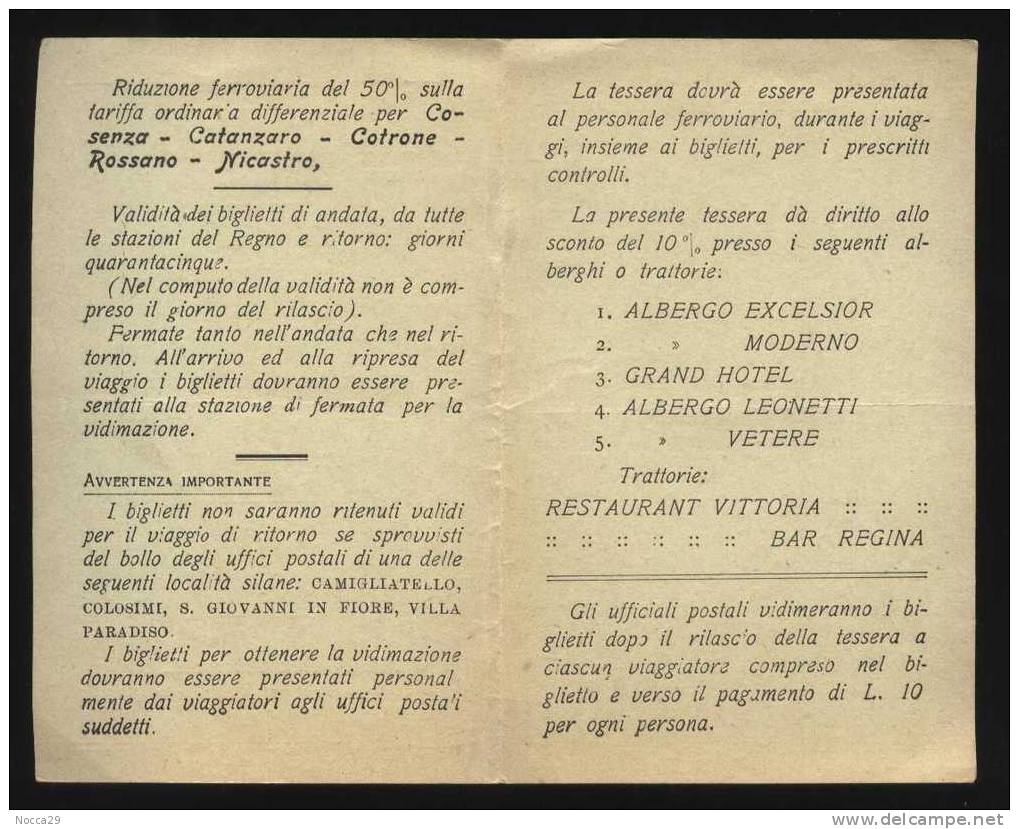 TESSERA FERROVIARIA 1930 LINEA COSENZA - CATANZARO - CROTONE - ROSSANO - NICASTRO - Europe