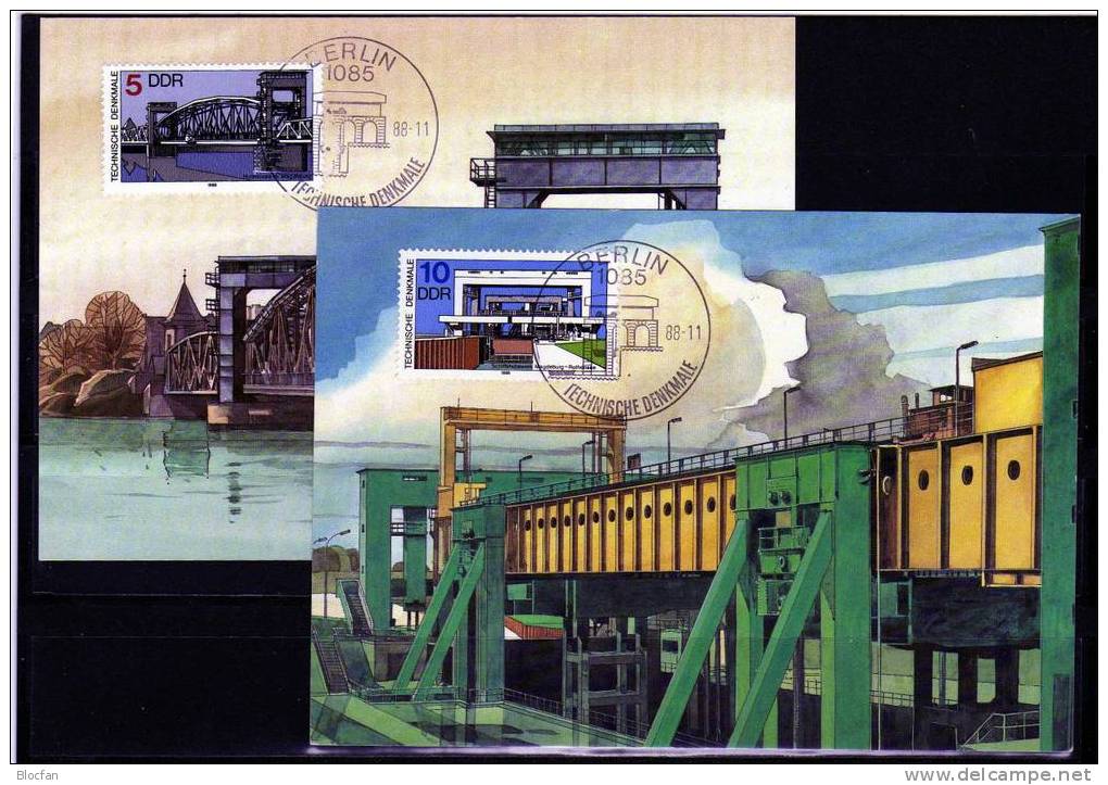 Technische Denkmale 1988 DDR Maxi-Kt. 5-9/88 Plus 3203/7 ** 18€ Maximumkarten Schiffs-Hebewerke Set Maxicards MC Germany - Schiffahrt