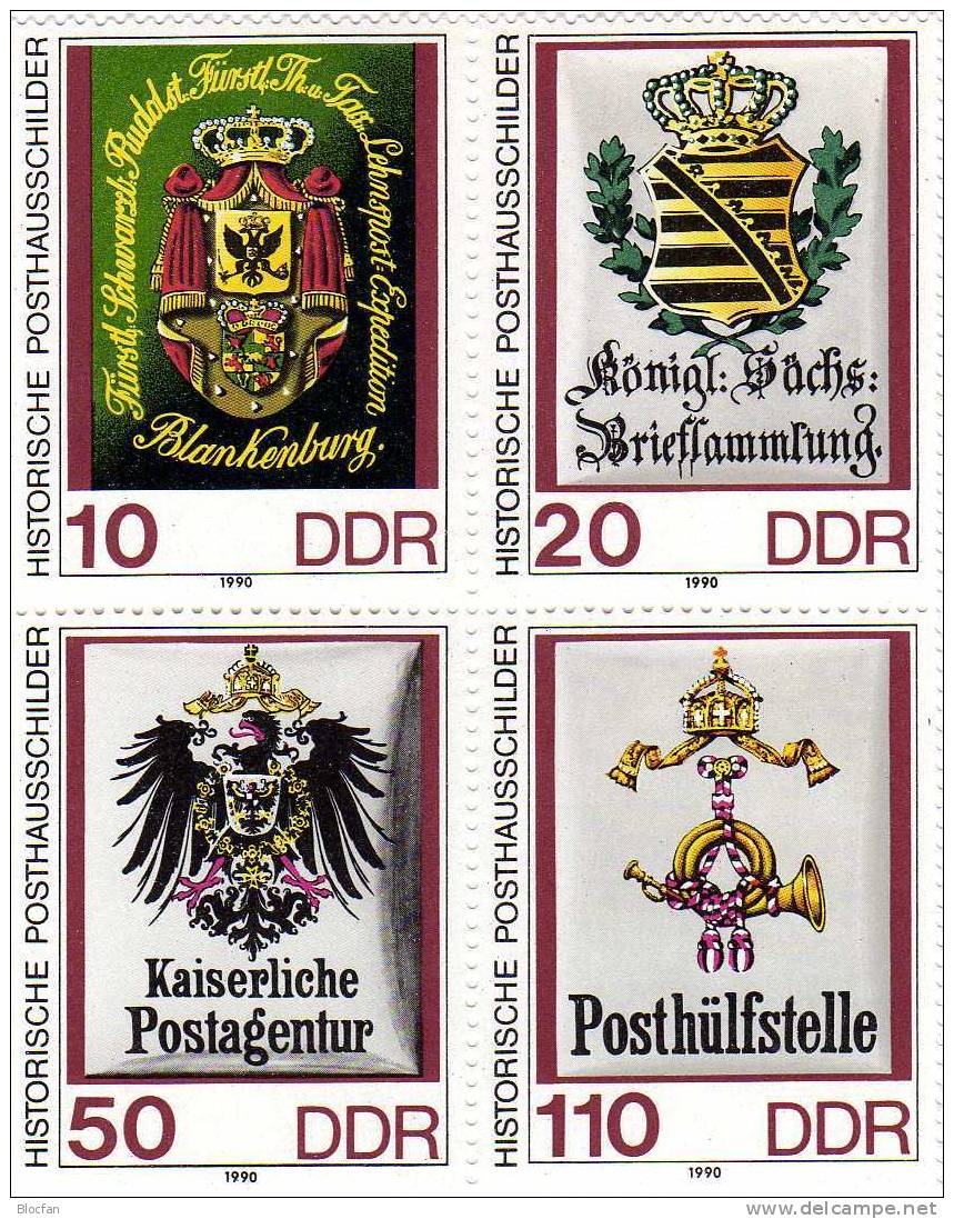 Posthausschilder 1990 DDR Maxi-Kt.1-4/90 Plus 3306/9 4-Block  ** 14€ Maximumkarten History Document Maxicards MC Germany - U.P.U.