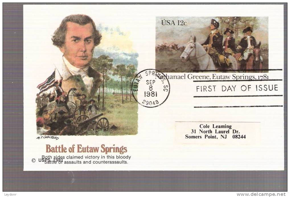 FDC Postal Card - Battle Of Eutaw Springs, Nathanael Greene - Scott # UX90 - 1981-1990
