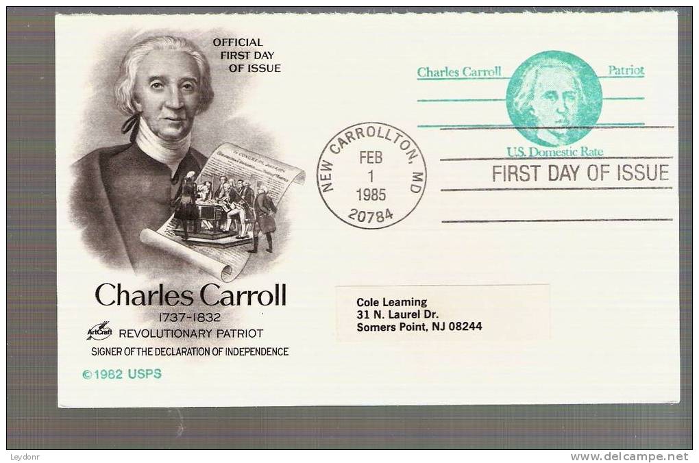 FDC Postal Card - Charles Carroll - Scott # UX105 - 1981-1990