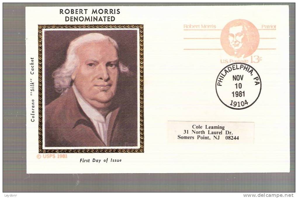 FDC Postal Card - Robert Morris - Scott # UX93 - 1981-1990