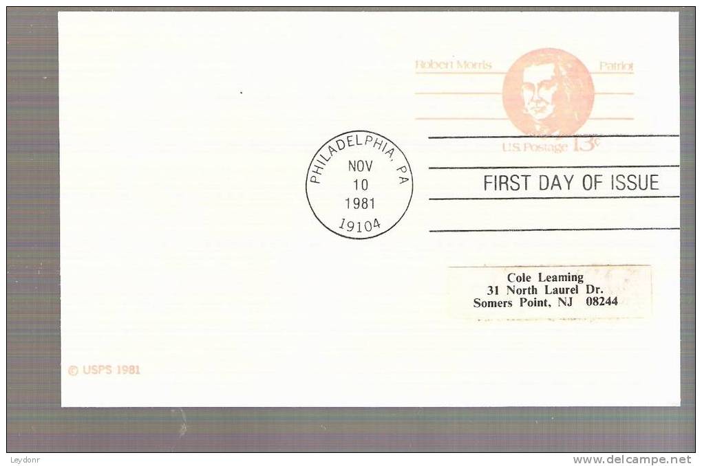 FDC Postal Card - Robert Morris - Scott # UX93 - 1981-1990