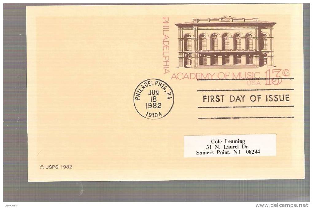 FDC Postal Card - Philadelphia Academy Of Music - Scott # UX96 - 1981-1990