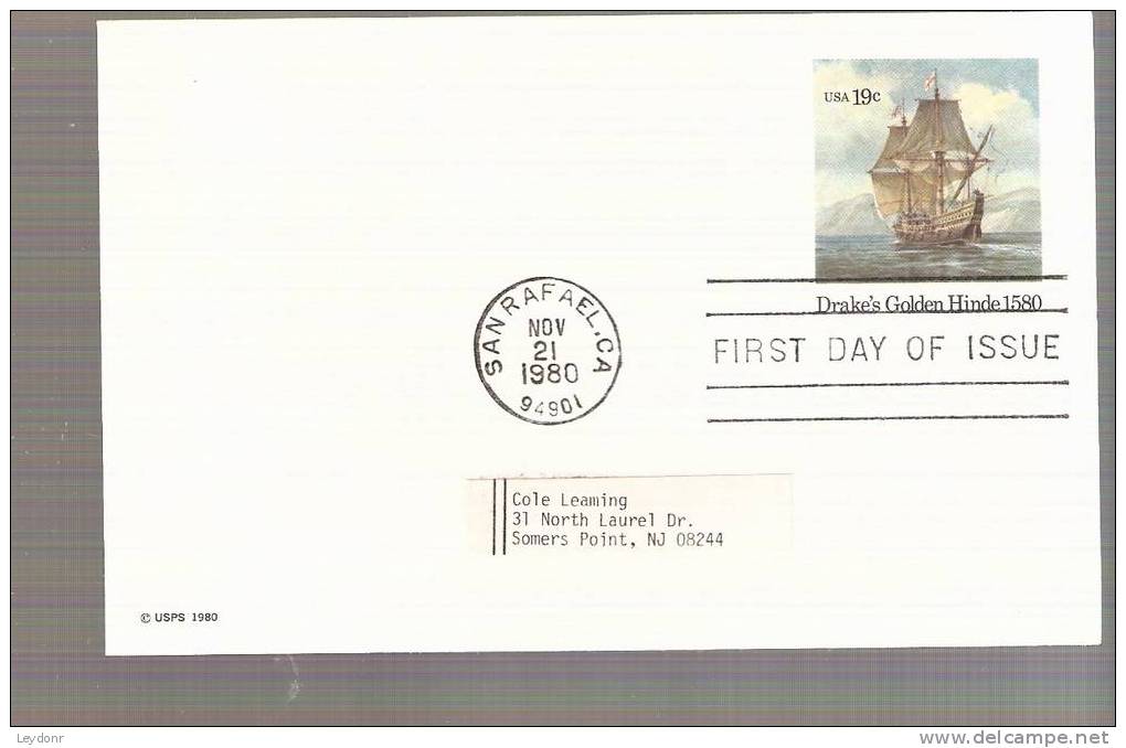 FDC Postal Card - Golden Hinde - Sir Francis Drake's Ship - Scott # UX96 - 1971-1980